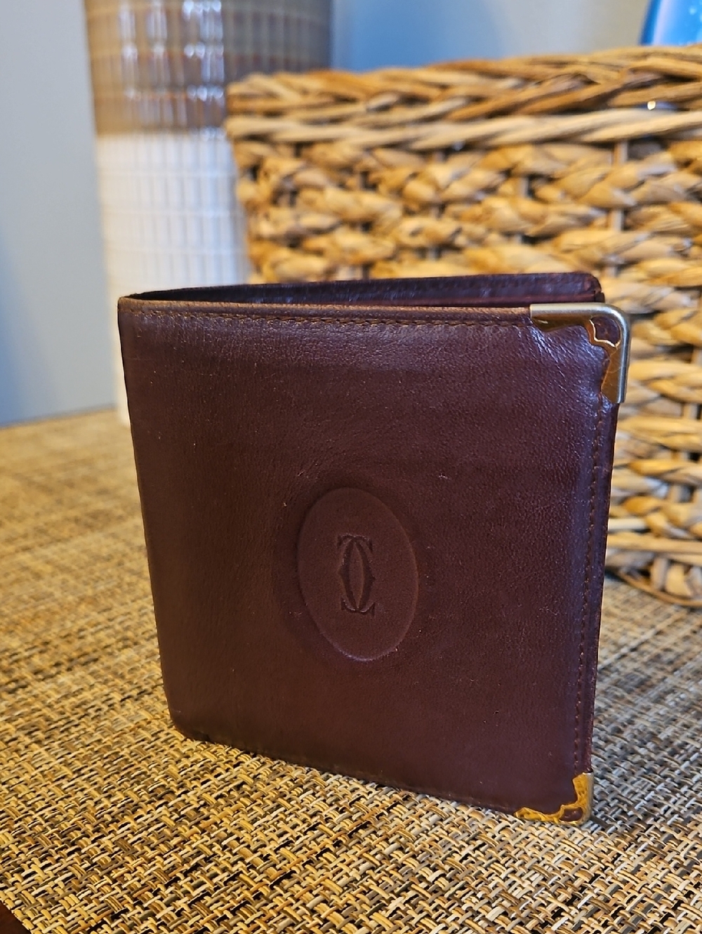 Cartier Men's Leather Bi-Fold Wallet - Maroon with Gold Corner Accents